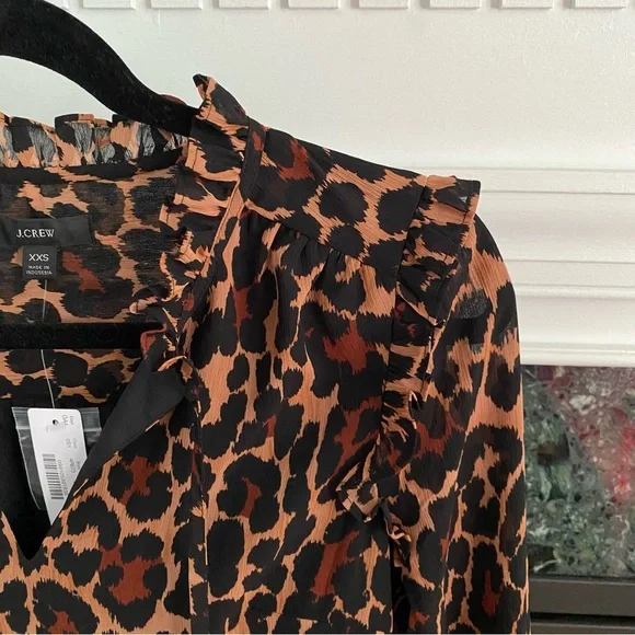 J. Crew Tie-Neck Dress in Leopard Crinkle Chiffon, size XXS, NWT - Picture 12 of 16